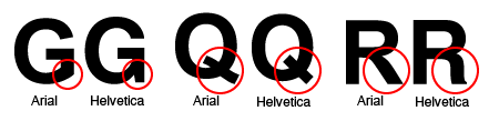 図: Helvetica とArial の違い